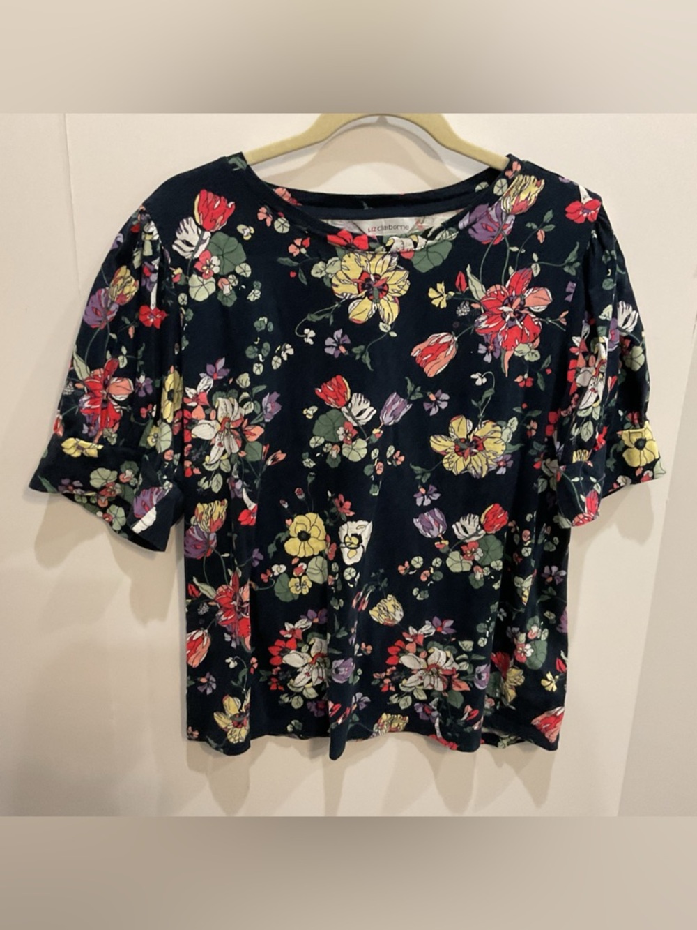 Liz Claiborne Navy Floral Short Sleeve Tee with Red & Yellow Blooms